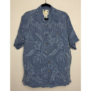 Banana Cabana Men's Floral Palm Print Blue Silk Button Up Shirt Size Medium